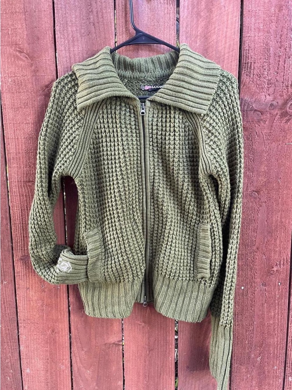 Volcom Olive Green Y2k Grunge Skater Chunky Knit Zip Up Jacket Sz M